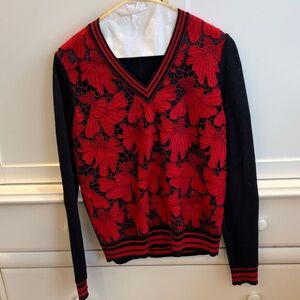 Tory Burch Red and Black V-Neck Sweater